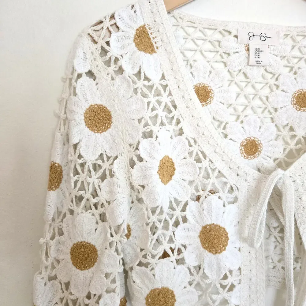 Jessica Simpson Daisy Floral Crochet Crop Cardigan White Cream XL